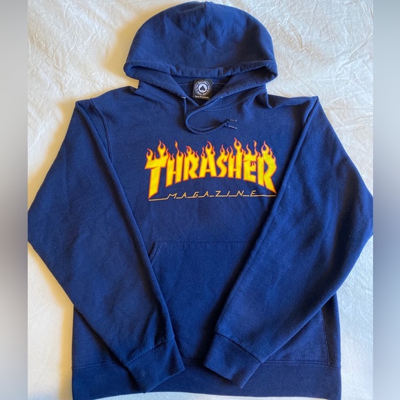 Thrasher Magazine Hoodie Mens SmallNavy Blue Flames Logo - Picture 2 of 5